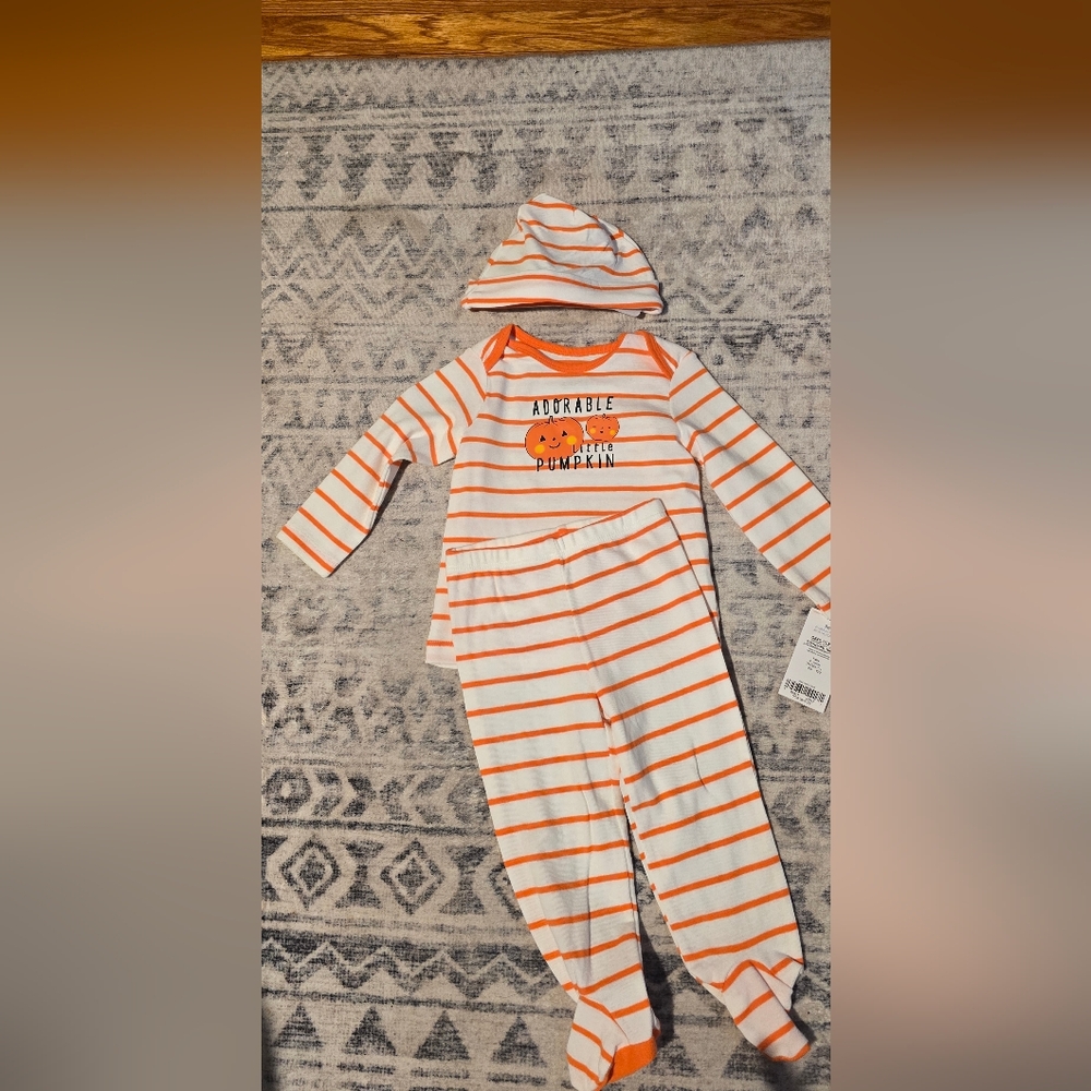 Carter's 'Adorable Little Pumpkin' 3 Piece Set White with Orange Stripes 9M NWT